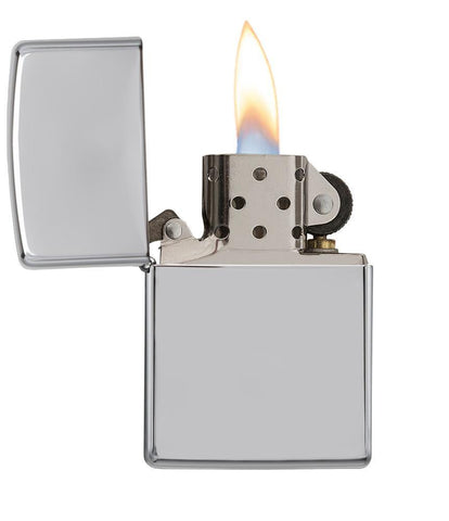 Vooraanzicht Zippo aansteker High Polished Chrome basismodel geopend met vlam