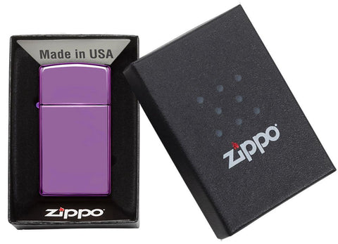Vooraanzicht Zippo aansteker Slim High Polish paars basismodel in open geschenkdoos