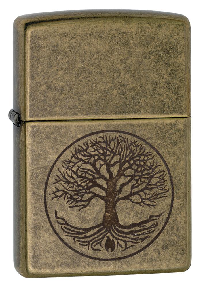 Vooraanzicht 3/4 hoek Zippo-aansteker antieke messing levensboom gravure