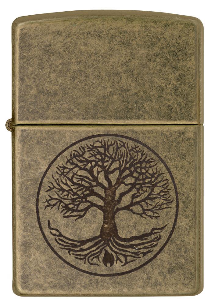 Vooraanzicht Zippo-aansteker antieke messing levensboom gravure