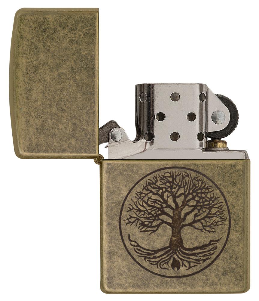 Zippo-aansteker antieke messing levensboom gravure open