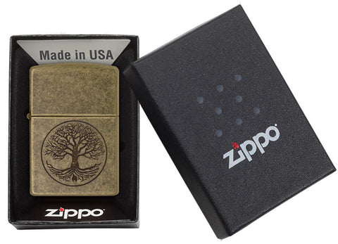 Zippo-aansteker antieke messing levensboom gravure in open doos