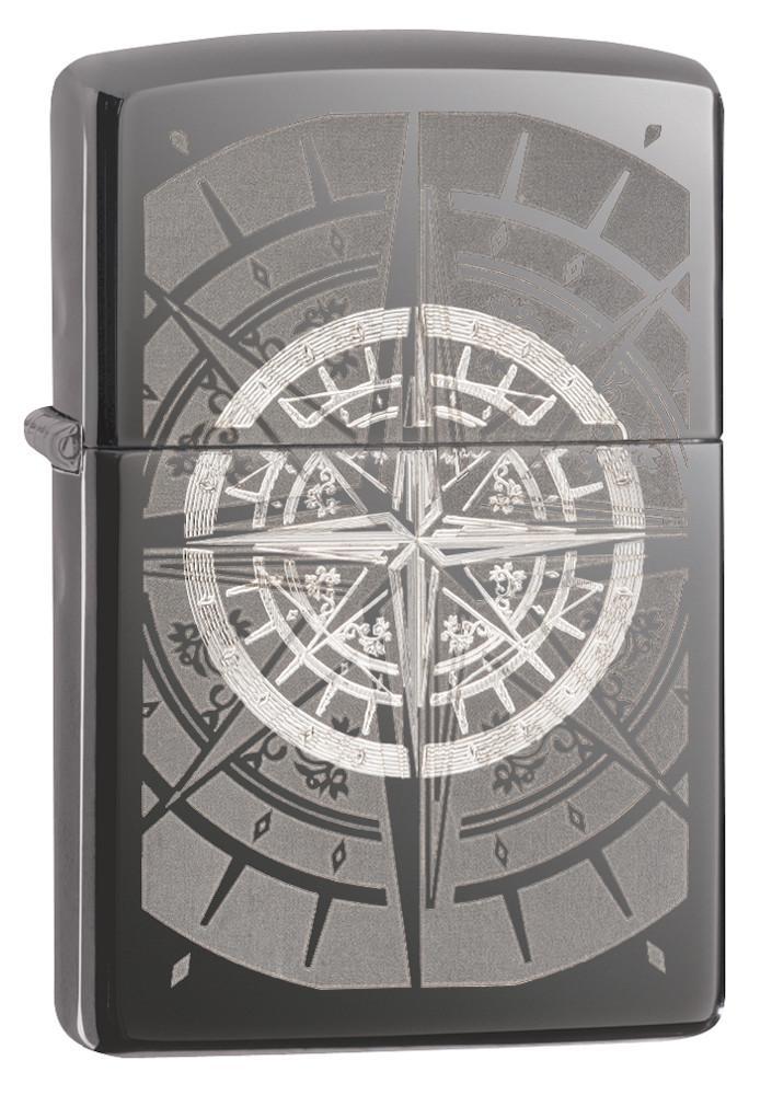 Vooraanzicht 3/4 hoek Zippo aansteker Black Ice met kompas