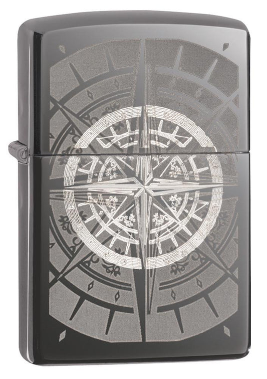 Vooraanzicht 3/4 hoek Zippo aansteker Black Ice met kompas