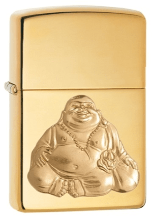 29626, Bouddha rieur en or, emblème attaché, finition chromée polie, étui classique