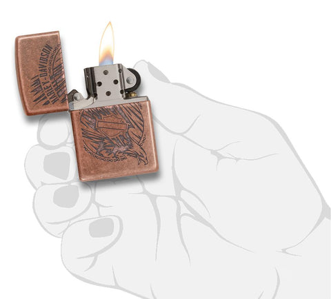 29664 - Harley-Davidson®Antique Copper Eagle Lighter, Open & Lit with Flame in Hand