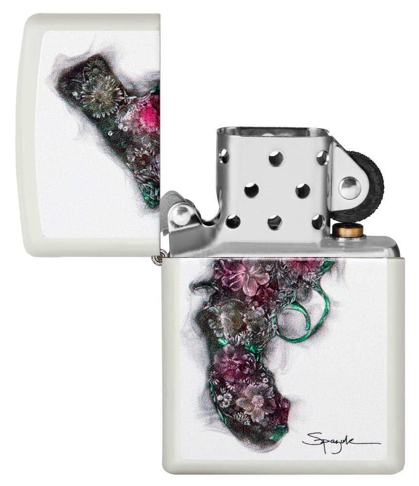 Zippo-aansteker wit met pistool by Spazuk open