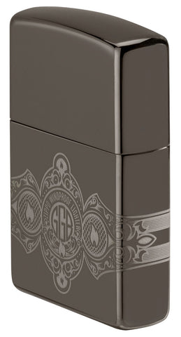 Zippo Feuerzeug Seitenansicht Black Ice® mit 360° Gravur von Zippo Flammen und Logo in Zigarrenband Design