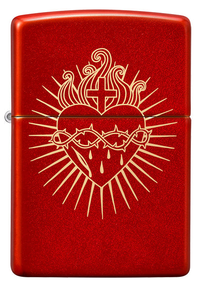 Zippo Feuerzeug Frontansicht Metallic Rot mit dem Heiligsten Herzens Jesu eingraviert