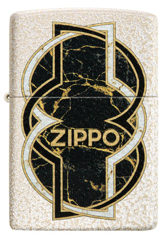 Zippo Feuerzeug Frontansicht in weißer Mercury Glass Optik mit schwarz gold marmorierter Form in der Mitte umschlungen von einer weißen und einer schwarzen Linie