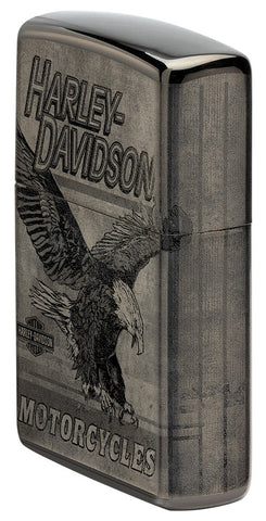 Zippo Feuerzeug Seitenansicht vorne Hochglanz Schwarz Harley Davidson Fotodruck mit Adler und Logo im Vintagestil