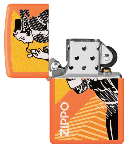 Zippo Feuerzeug Orange Matt mit rauchender Windy und Logo geöffnet ohne Flamme