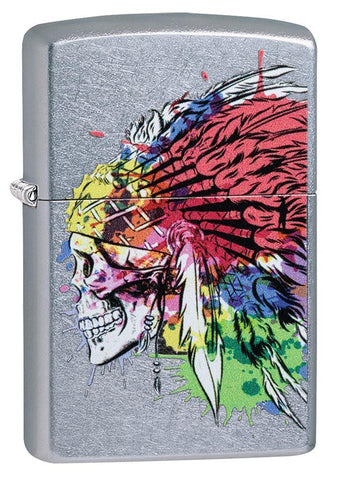 Skull with Headdress Design Street Chrome Windproof Lighter facing forward at a 3/4 angle
