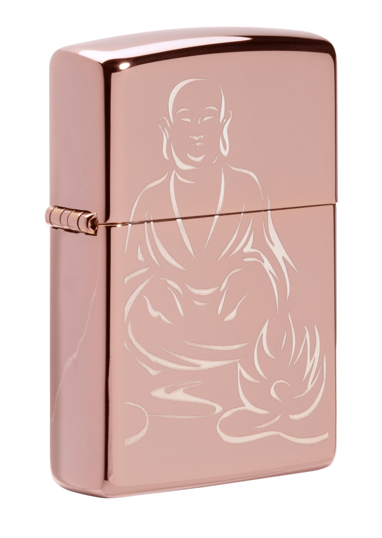 Vooraanzicht 3/4 hoek Zippo Aansteker Mediterende Boeddha Rose Goud Alleen online