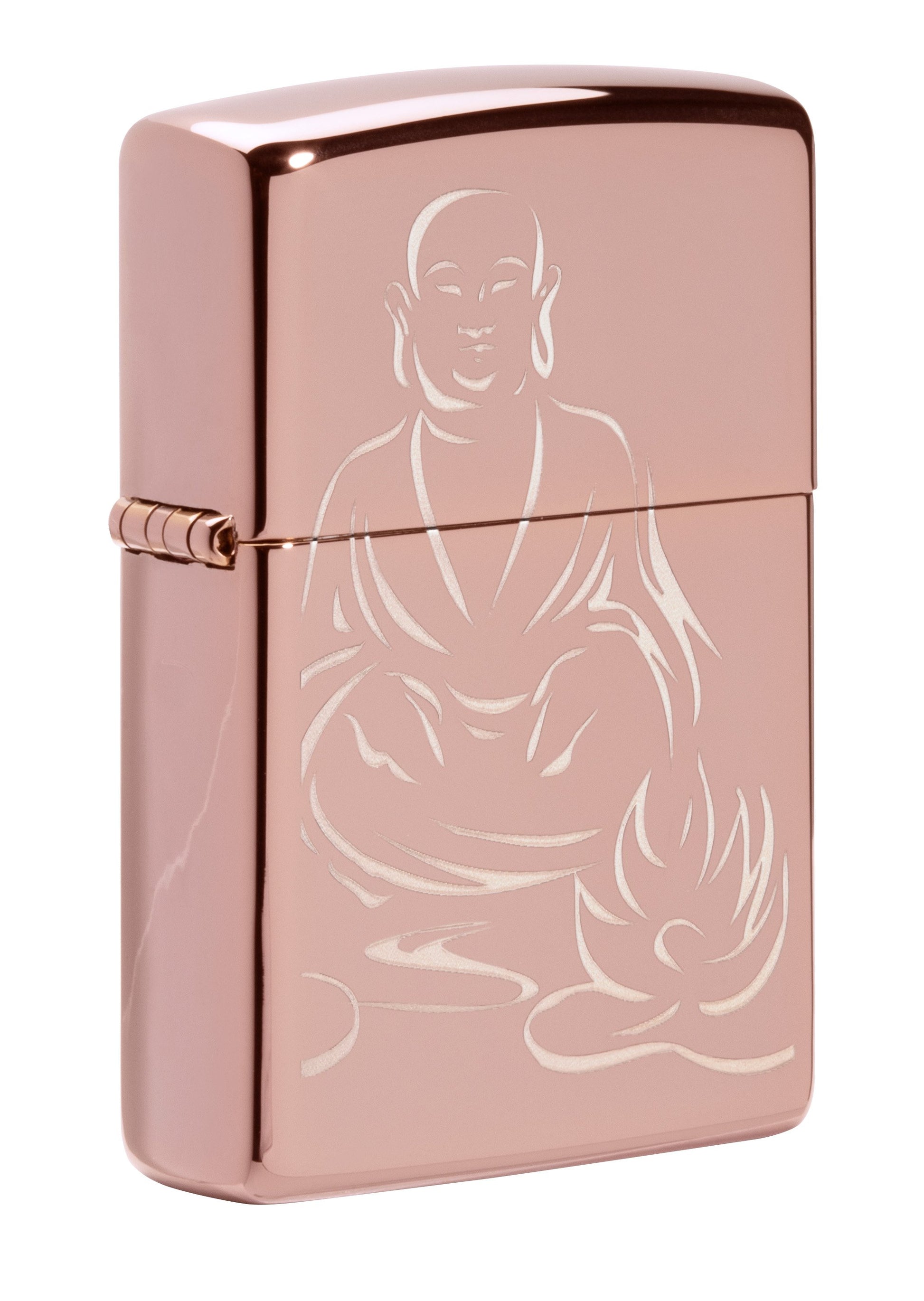 Vooraanzicht 3/4 hoek Zippo Aansteker Mediterende Boeddha Rose Goud Alleen online