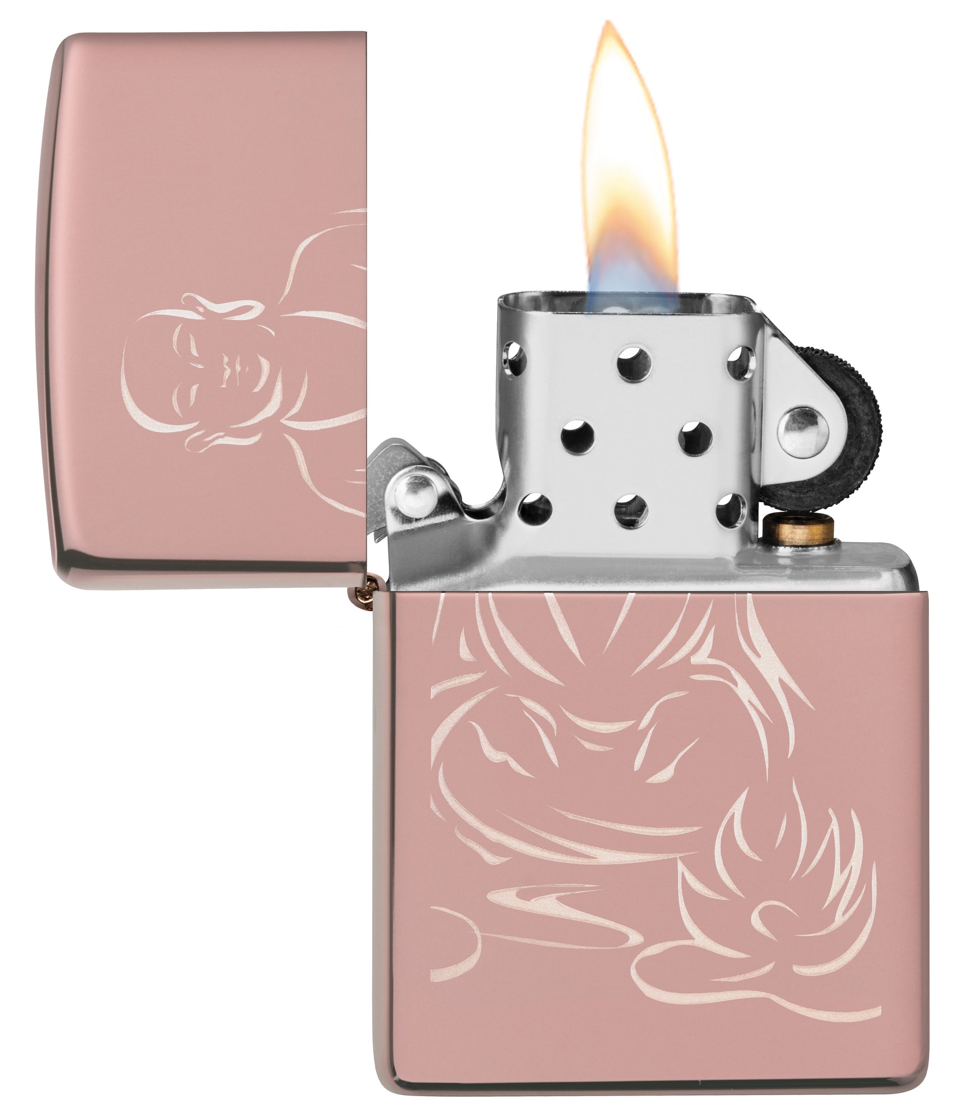 Zippo Aansteker Mediterende Boeddha Rose Goud Alleen Online Openen met Vlam