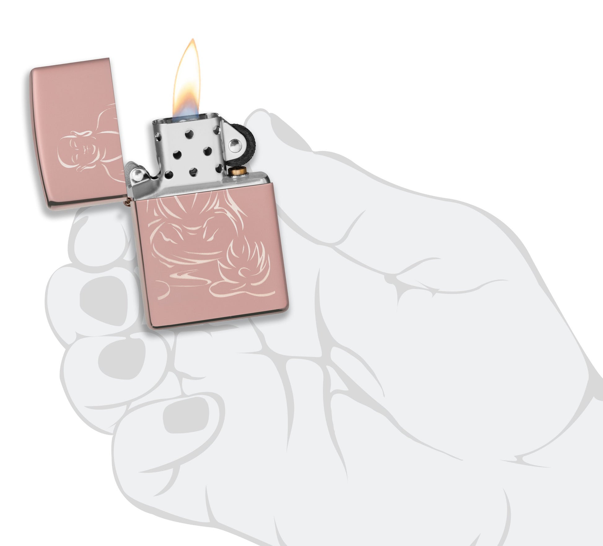 Zippo Aansteker Mediterende Boeddha Rose Goud Alleen Online Openen met Vlam in Gestileerde Hand