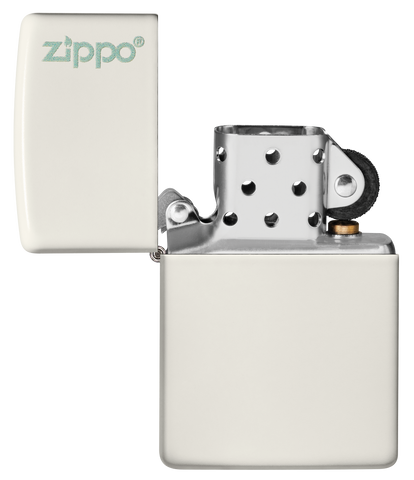 Vue de face du briquet tempête Zippo Glow In Dark Zippo Logo éteint, sans flamme