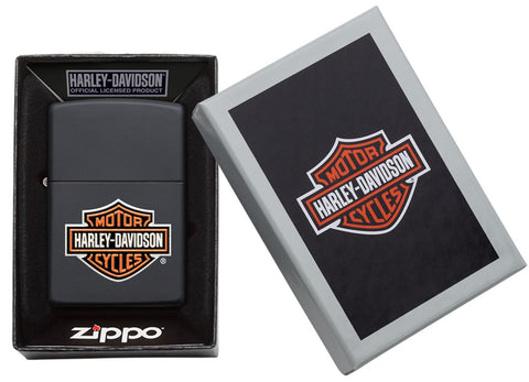 Zippo Aansteker Harley-Davidson® zwart mat met Texture Print Logo Online Only in geopende Harley-Davidson® Gift Box