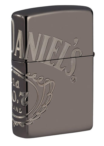 Achterkant 3/4 hoek Zippo-aansteker grijs glanzend met Jack Daniel's-logo over drie zijden