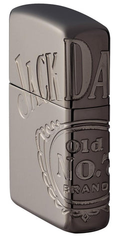 Zijaanzicht voorkant Zippo-aansteker grijs glanzend met Jack Daniel's-logo over drie zijden