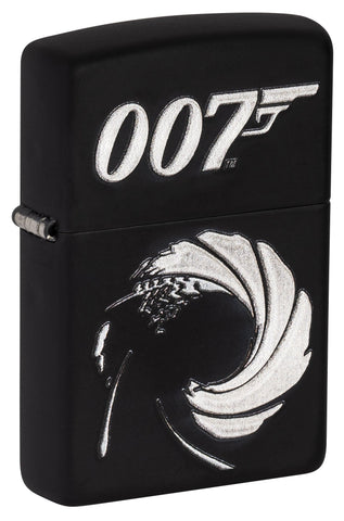 Vooraanzicht 3/4 hoek Zippo Aansteker James Bond 007 Zwart mat met Textuur Print Logo Alleen online