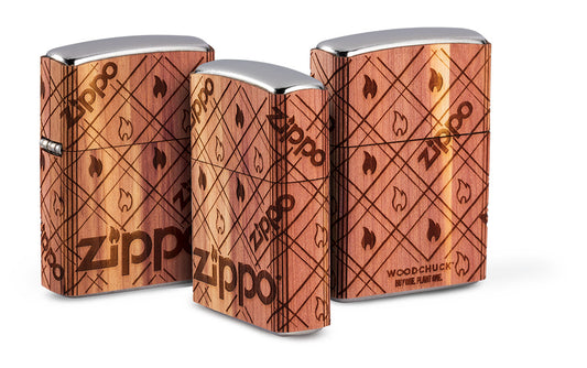 Gegroepeerde Aanzicht Zippo-aansteker chroom Woodchuck Zippo Flame 360°
