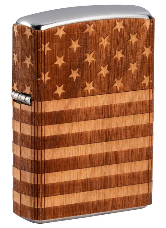 Vooraanzicht 3/4 hoek Zippo-aansteker chroom Woodchuck American Flag 360°