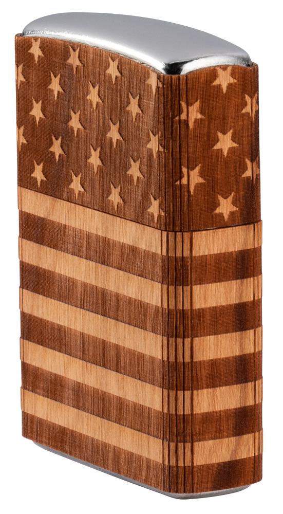 Zijaanzicht voorkant Zippo-aansteker chroom Woodchuck American Flag 360°