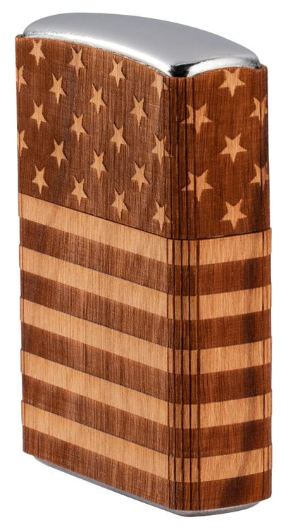 Zijaanzicht voorkant Zippo-aansteker chroom Woodchuck American Flag 360°
