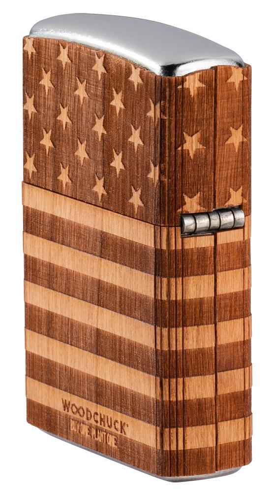 Zijaanzicht achterkant Zippo-aansteker chroom Woodchuck American Flag 360°