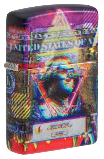 Vooraanzicht 3/4 Hoek Zippo Aansteker 540 Graden Ontwerp Dollarbiljet met George Washington Alleen online