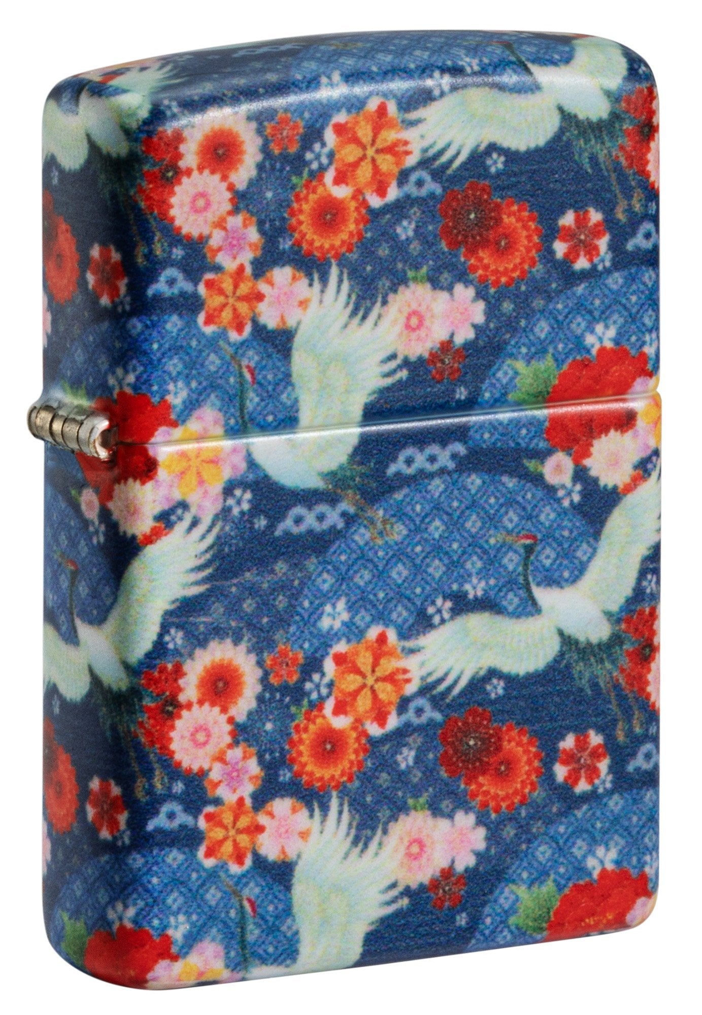 Vooraanzicht 3/4 Hoek Zippo Aansteker Kimono 540 Graden Ontwerp met Witte Grote Vogels en Rode Bloemen