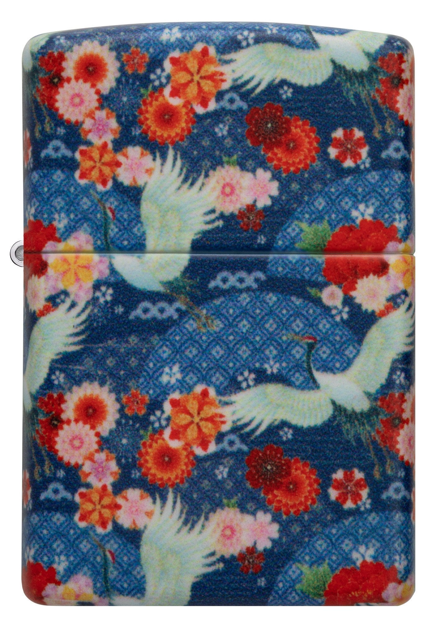 Vooraanzicht Zippo Aansteker Kimono 540 Graden Ontwerp met Witte Grote Vogels en Rode Bloemen