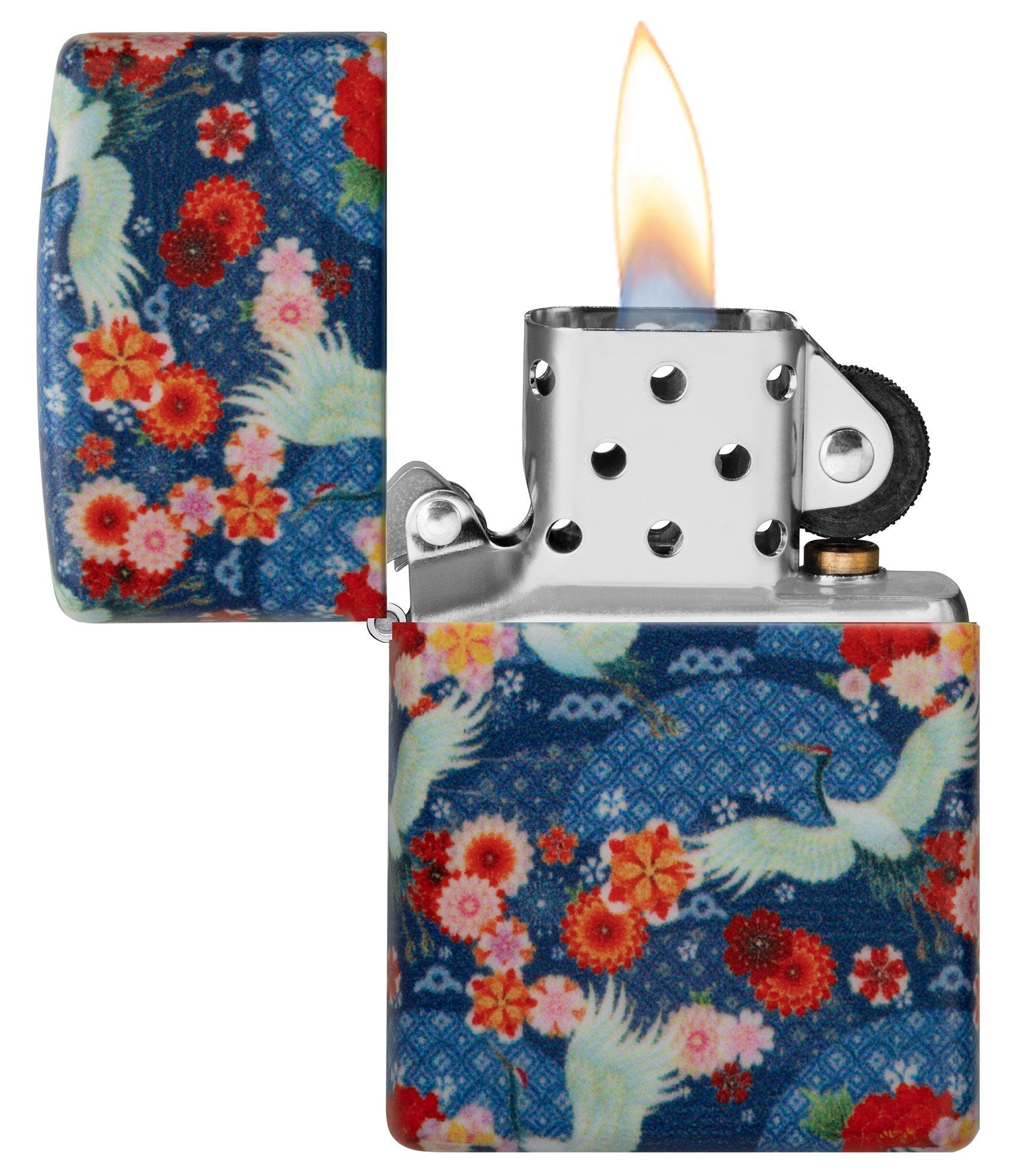 Zippo Aansteker Kimono 540 Graden Ontwerp met Witte Grote Vogels en Rode Bloemen Geopend met Vlam