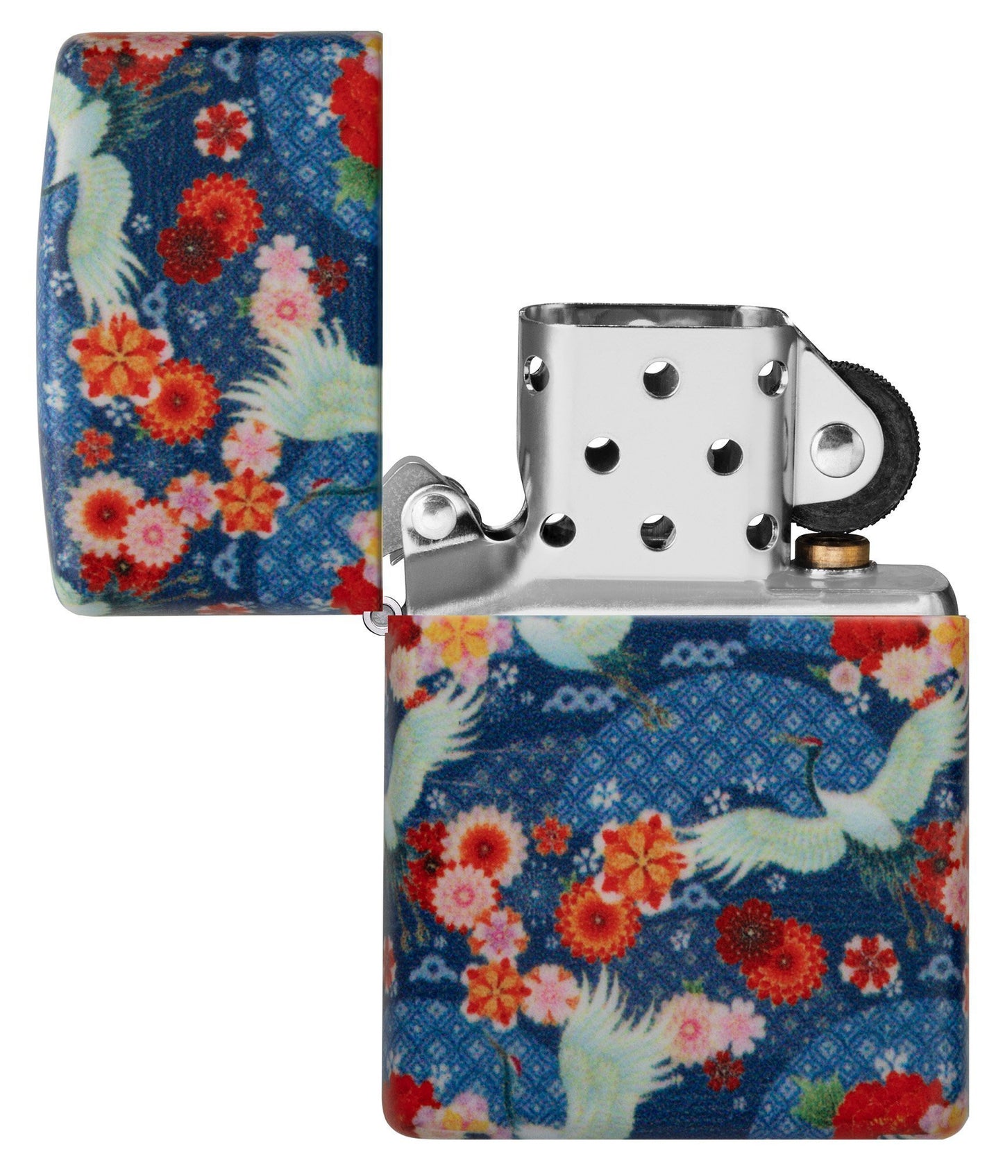 Zippo Aansteker Kimono 540 Graden Ontwerp met Witte Grote Vogels en Rode Bloemen Geopend zonder Vlam