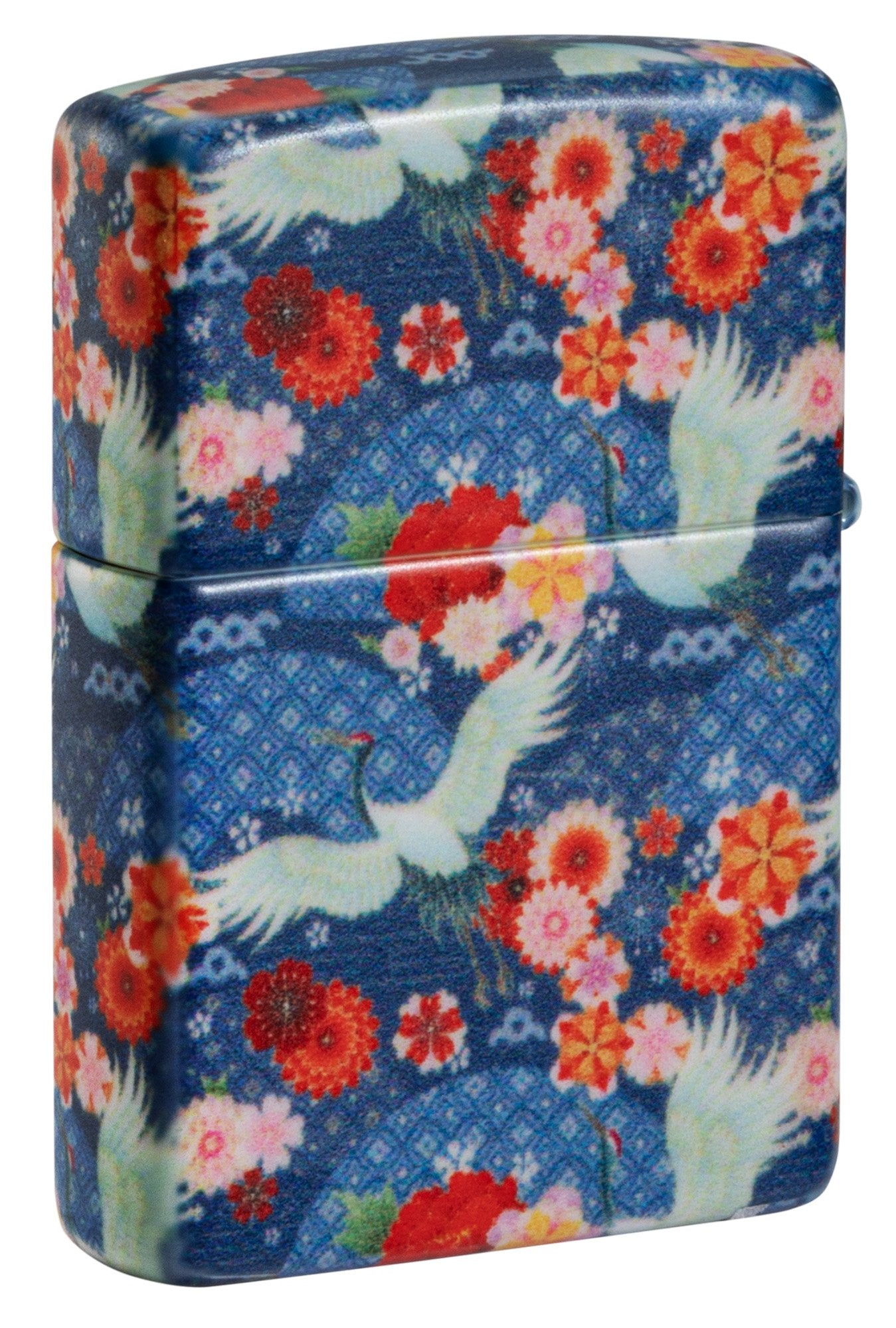 Achteraanzicht 3/4 hoek Zippo Aansteker Kimono 540 graden ontwerp met witte grote vogels en rode bloemen