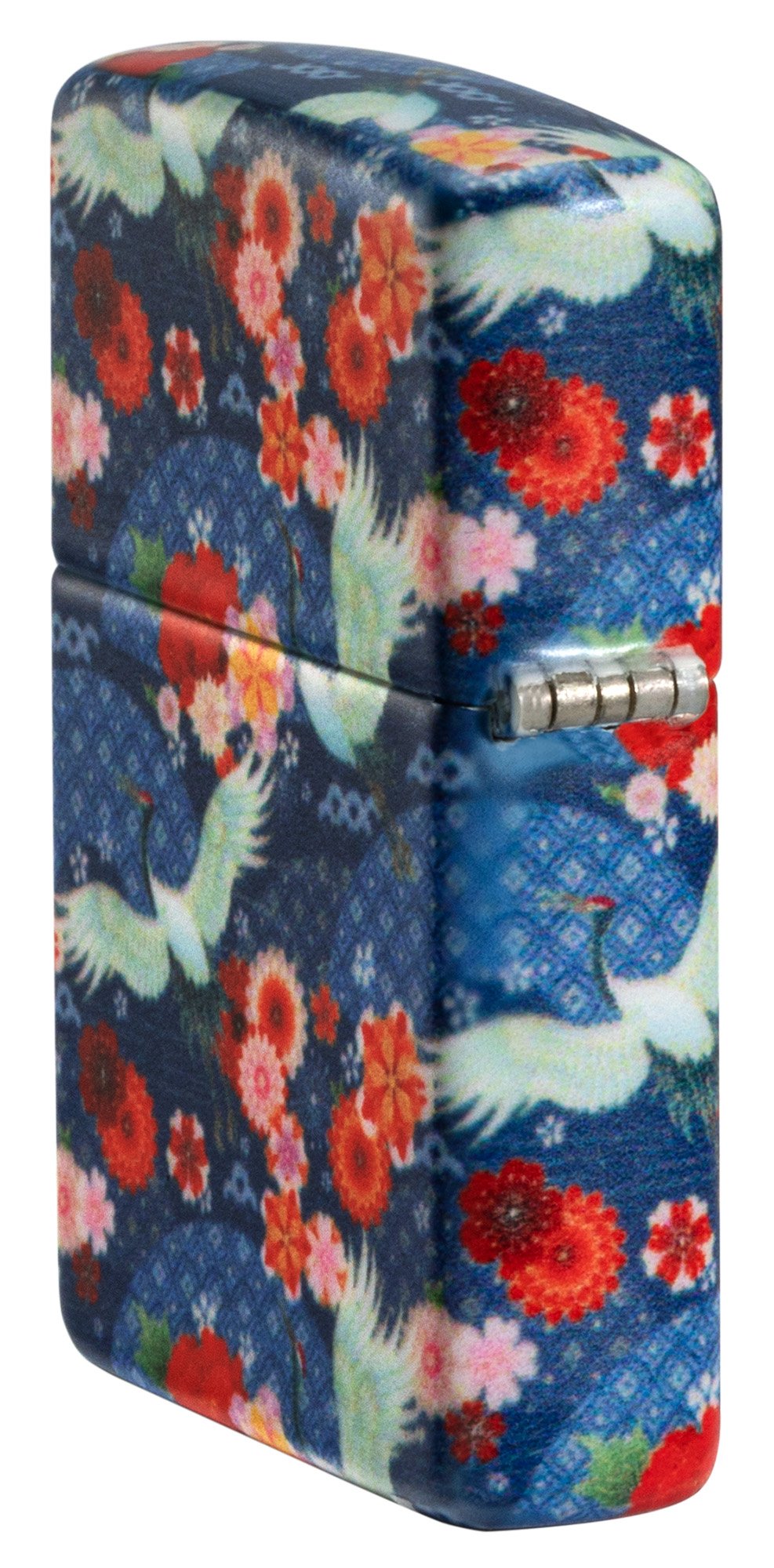 Zijaanzicht Achterkant 3/4 Hoek Zippo Aansteker Kimono 540 Graden Ontwerp met Witte Grote Vogels en Rode Bloemen