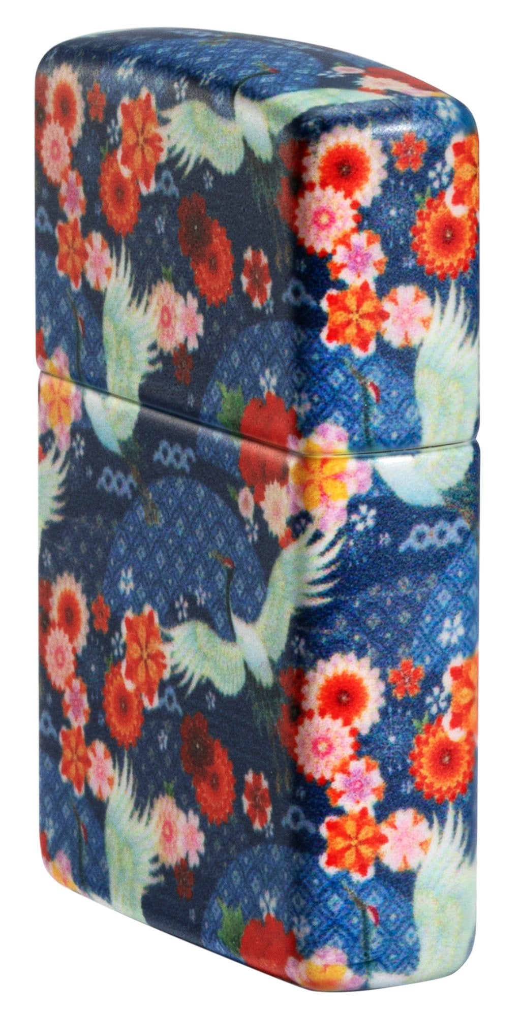 Zijaanzicht Voor 3/4 Hoek Zippo Aansteker Kimono 540 Graden Ontwerp met Witte Grote Vogels en Rode Bloemen