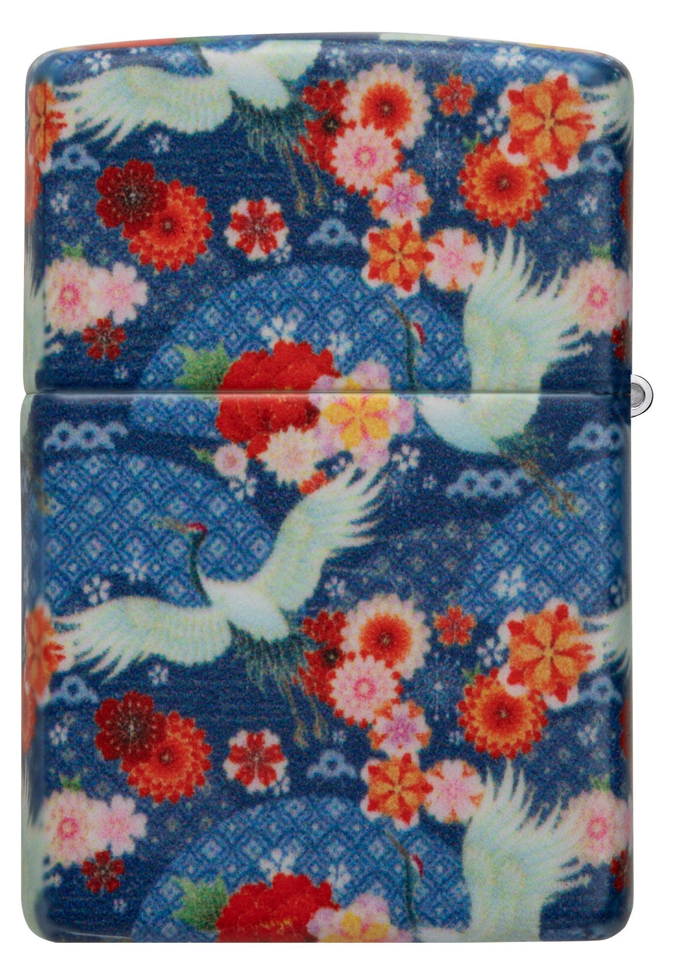 Achteraanzicht Zippo Aansteker Kimono 540 Graden Ontwerp met Witte Grote Vogels en Rode Bloemen
