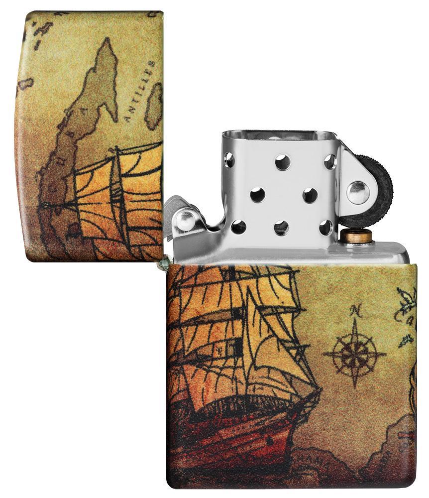 Vooraanzicht Zippo-aansteker White Matte 540° Color Image met piratenkaart en schip open