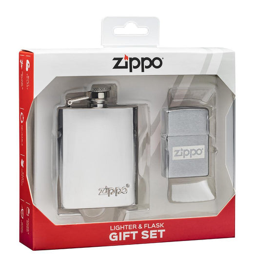 Vooraanzicht 3/4 hoek Zippo-geschenkset heupfles en aansteker chroom