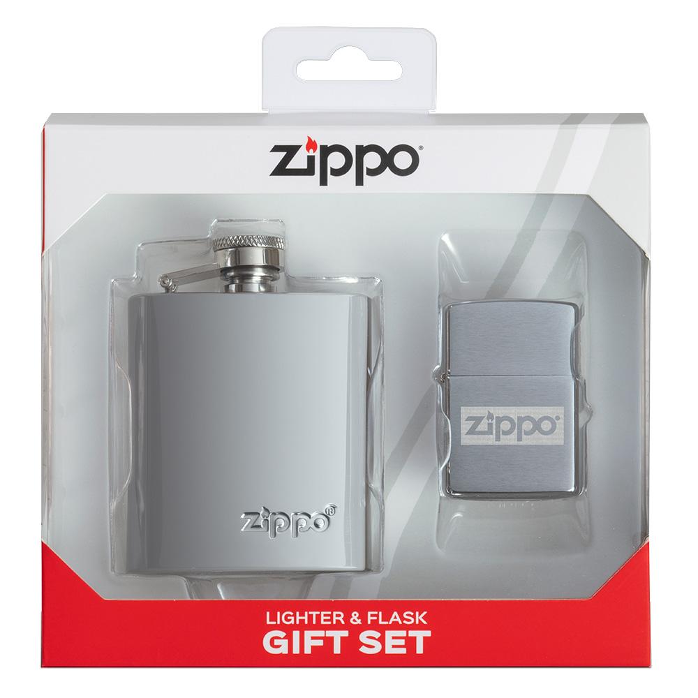 Vooraanzicht Zippo-geschenkset heupfles en aansteker chroom