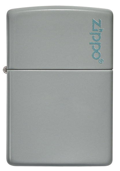 Vooraanzicht Zippo aansteker Flat Grey basismodel mat grijs met Zippo logo