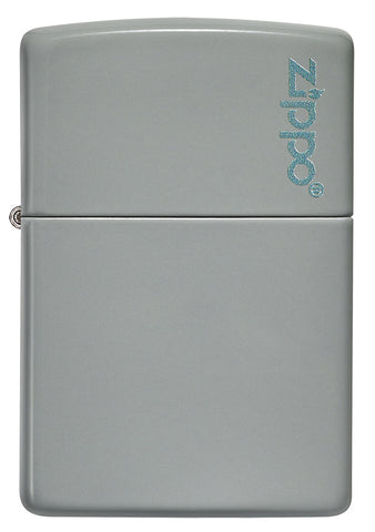 Vooraanzicht Zippo aansteker Flat Grey basismodel mat grijs met Zippo logo