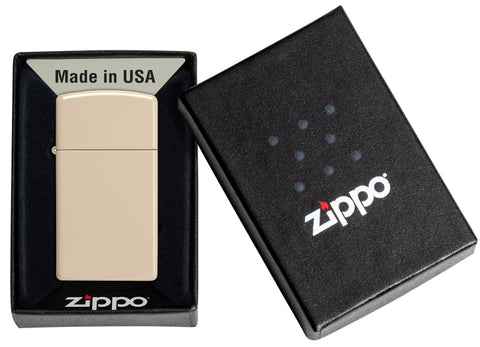 Zippo Aansteker Slim Flat Sand Basic Model in geopende geschenkverpakking