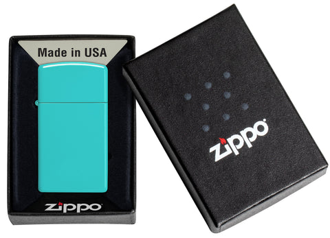 Zippo Aansteker Slim Flat Turquoise Basis Model in Open Geschenkverpakking