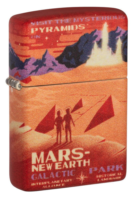 Vooraanzicht 3/4 hoek Zippo Aansteker 540 graden rood marslandschap met twee astronauten Alleen online
