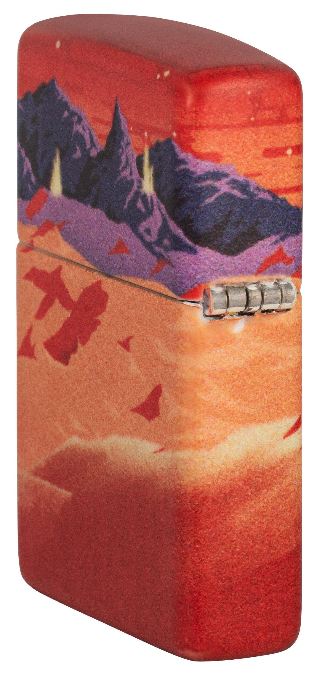 Zijaanzicht Achter 3/4 Hoek Zippo Aansteker 540 Graden Rood Marslandschap Met Twee Astronauten Alleen online