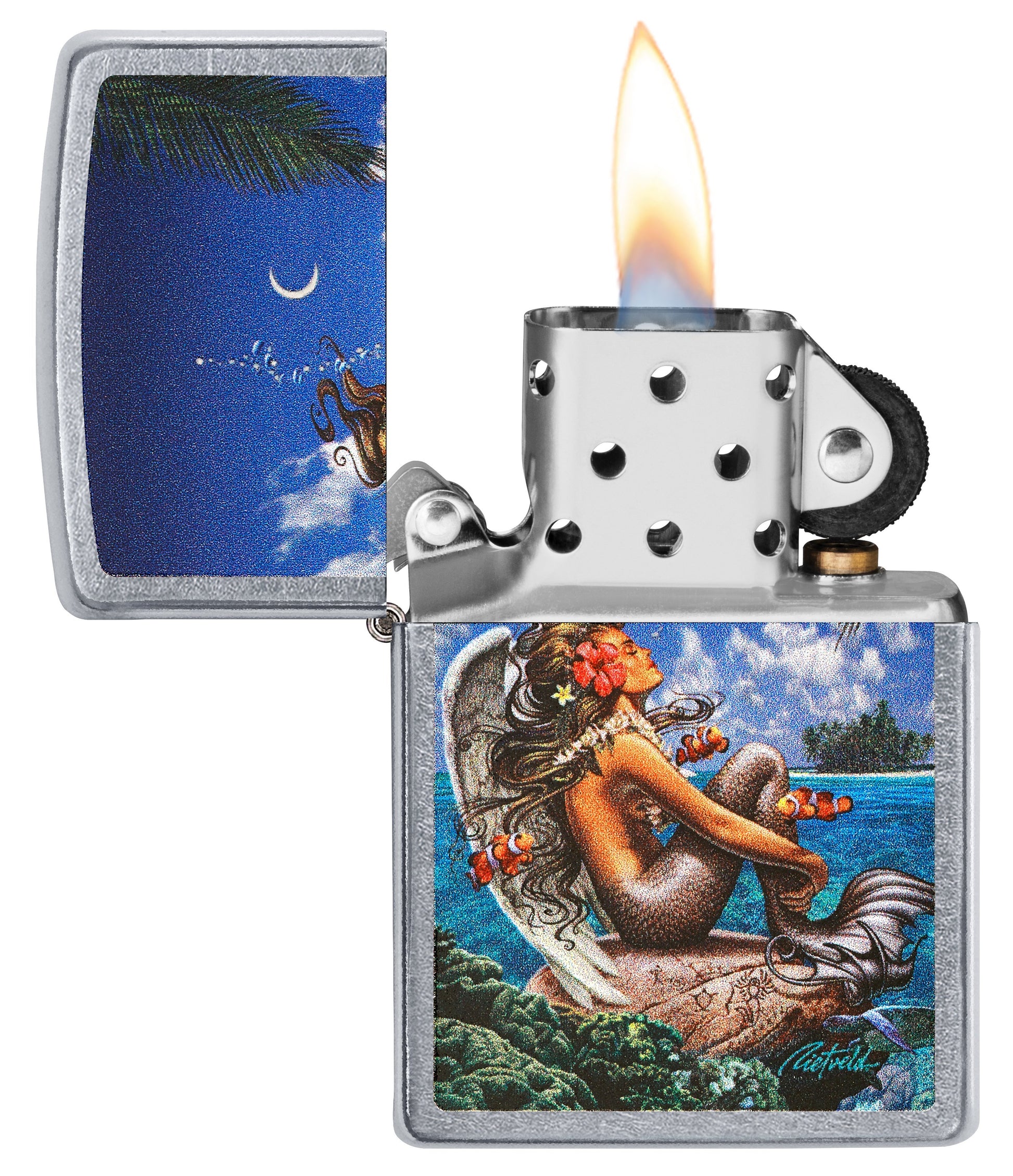 Zippo Aansteker Rick Rietveld Zeemeermin met Engelvleugels op eiland Alleen online te openen met vlam